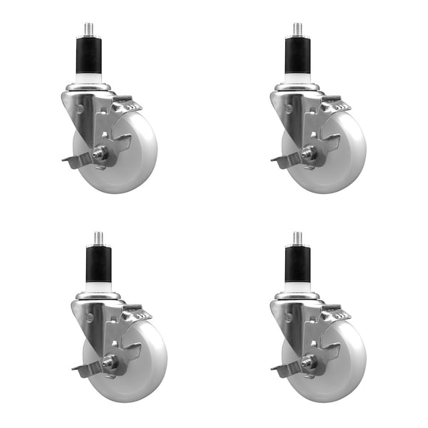 4'' SS Nylon Swivel 1-1/2'' Expanding Stem Caster Set with Brake, 4PK